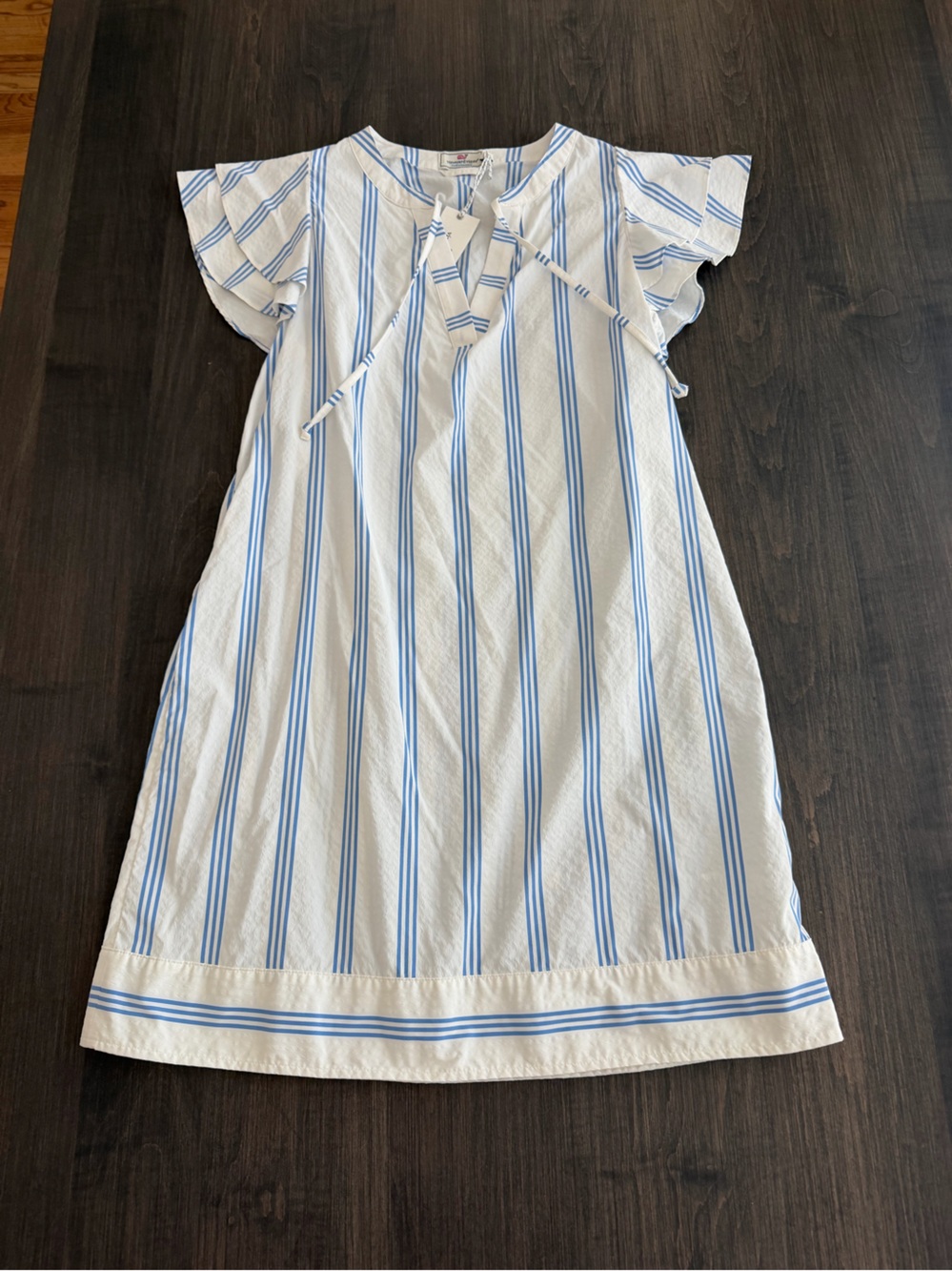 Vineyard Vines White Dress with Blue Stripes and Tie Neck